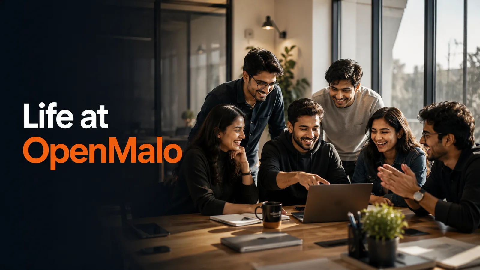 Life at OpenMalo — title thumbnail for the culture film, over a photo of colleagues gathered around a laptop