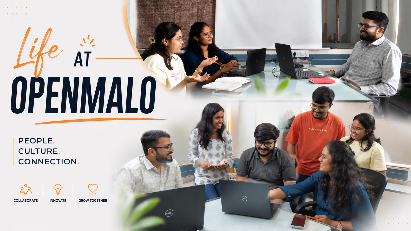 Life at OpenMalo — People. Culture. Connection. Thumbnail for the culture film, over photos of colleagues working together at the office