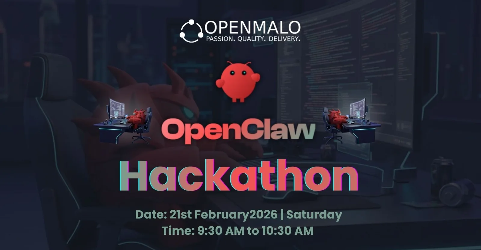 OpenClaw Hackathon poster — the OpenMalo logo, the OpenClaw mascot and wordmark, and the session details: Saturday 21 February 2026, 9:30 to 10:30 AM.
